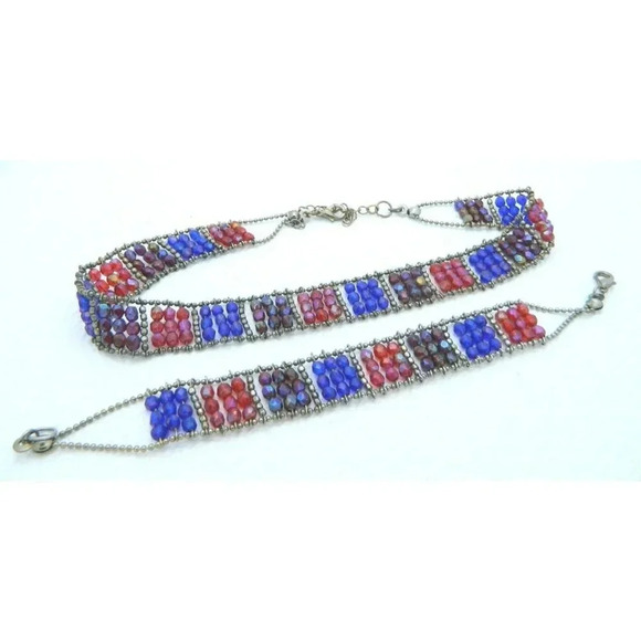 VTG Silver Tone AB Red Blue Purple Faceted Beaded Glass Necklace & Bracelet Set - Picture 1 of 4